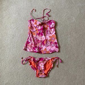 Pink and Orange Floral Print Tankini Sz S